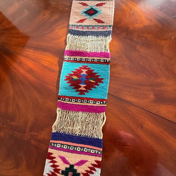 Zapotec 7 Panel Table Runner Mexican 79 "x 7"  Wool Hand Woven Folk Art Fringe - Picture 12 of 16